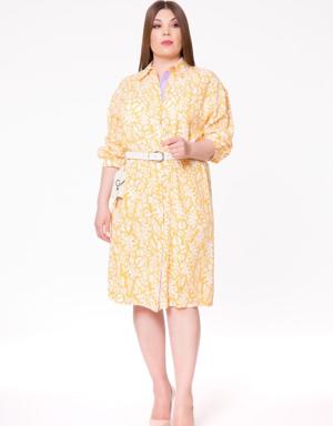 Patterned Tencel Belted Yellow Shirt Dress