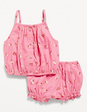 Printed Sleeveless Button-Front Top & Bloomer Shorts Set for Baby pink