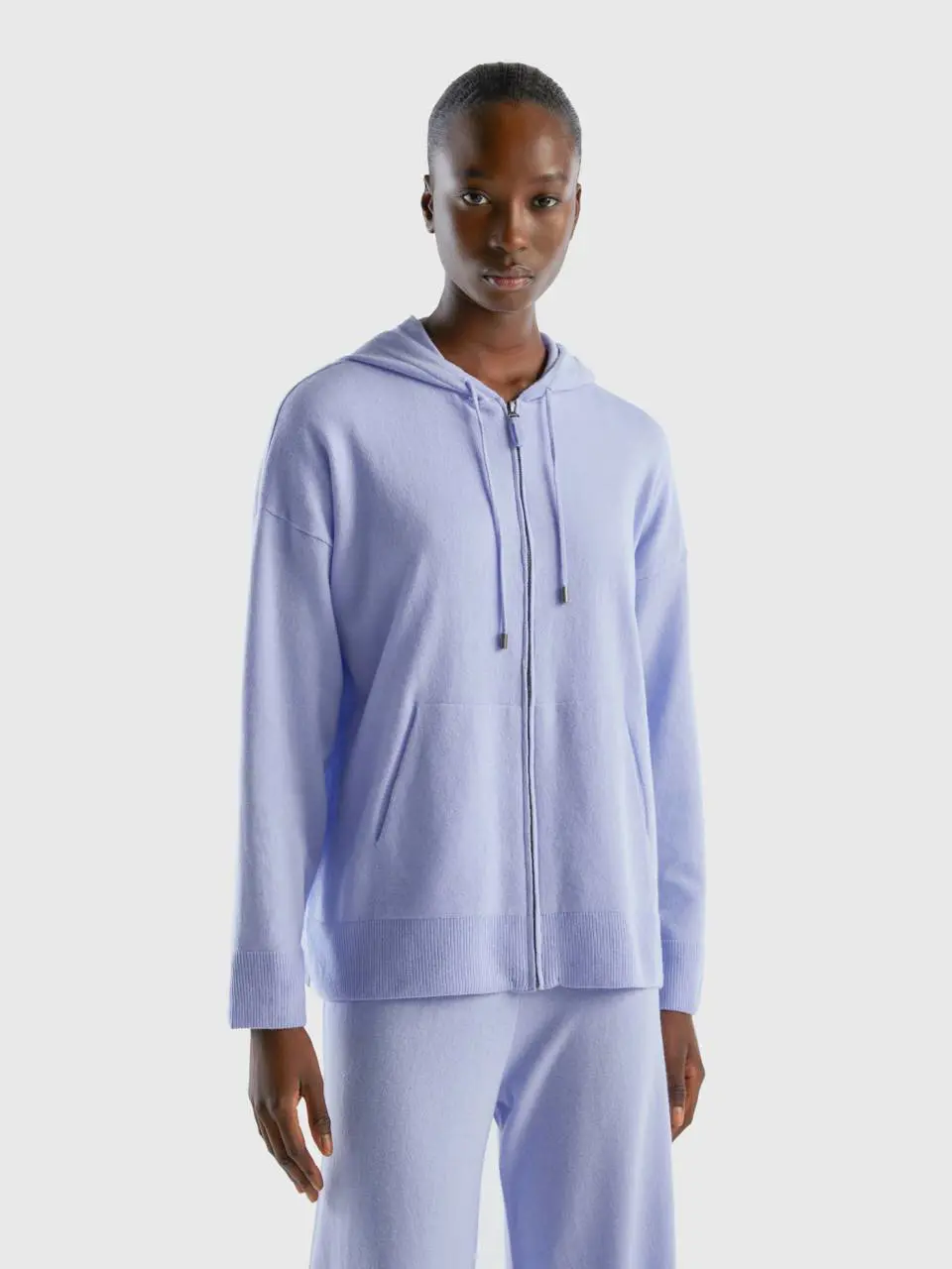 Benetton light blue sweater in cashmere blend with hood. 1