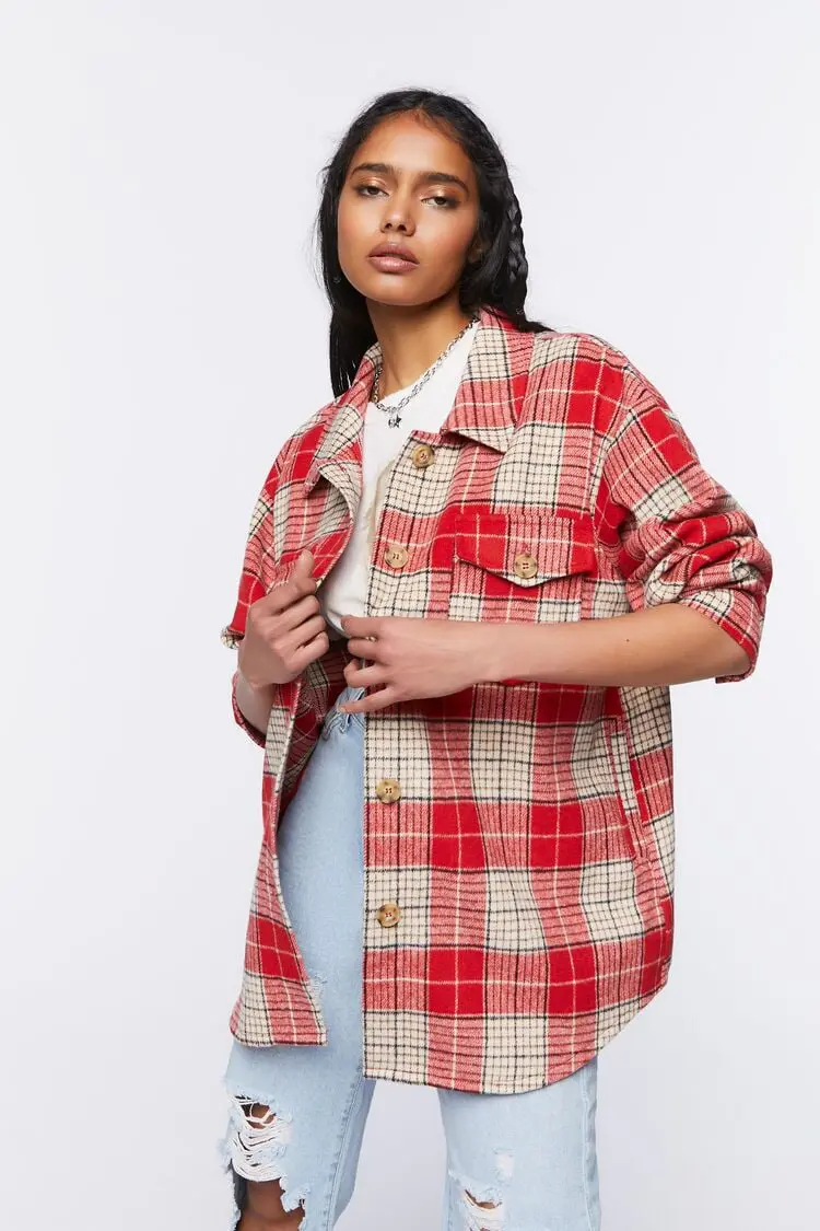 Forever 21 Forever 21 Plaid Button Front Shacket Red/Multi. 1