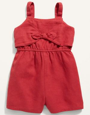 Sleeveless Linen-Blend Bow-Tie Front Romper for Toddler Girls red