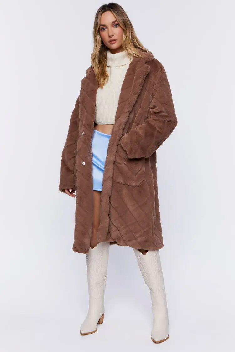 Forever 21 Forever 21 Faux Fur Chevron Duster Coat Taupe. 1