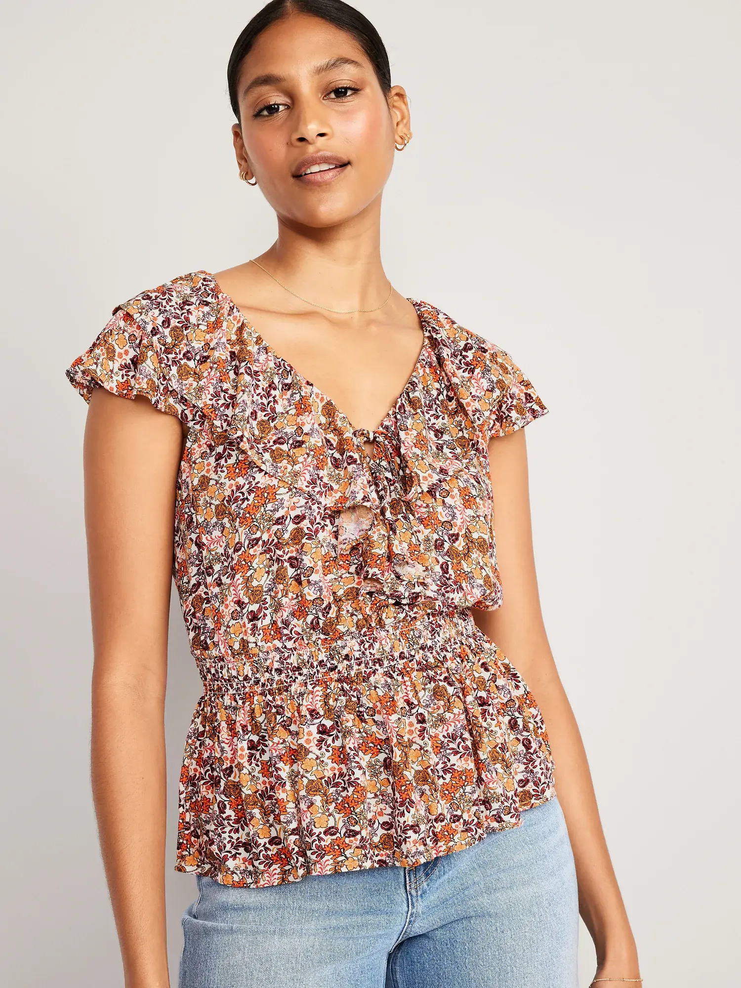 Old Navy Waist-Defined Ruffle-Trim Top for Women multi. 1