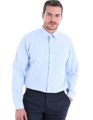 Açık Mavi Comfort Fit Düz Pamuklu Uzun Kollu Klasik Gömlek