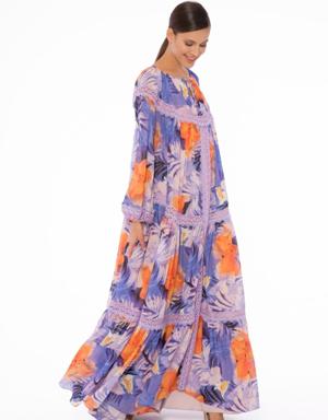 Lace Stripe Detailed Long Patterned Chiffon Powder Dress