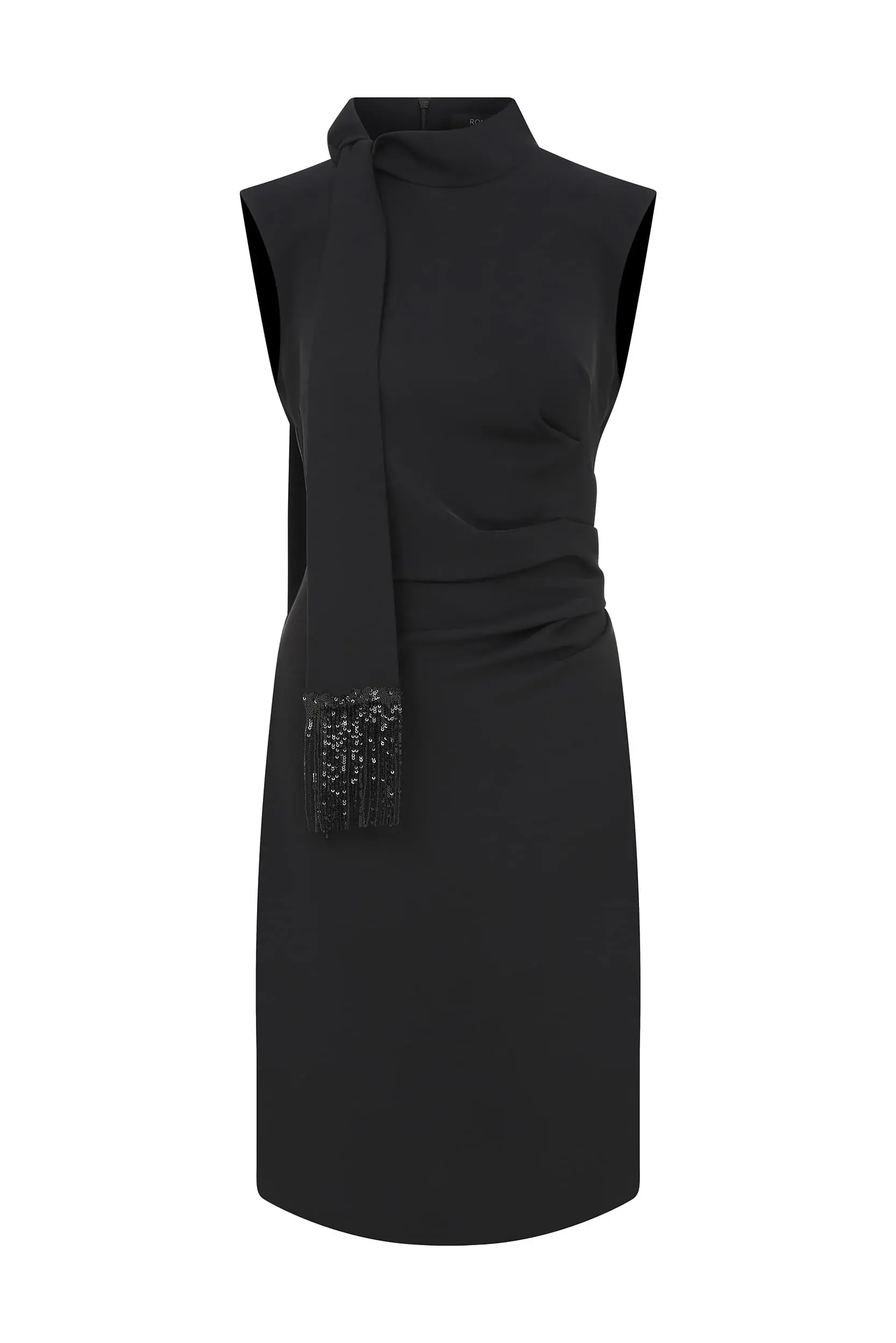 Roman Sequin Detail Tie Collar Black Sheath Dress - 2 / Black. 1