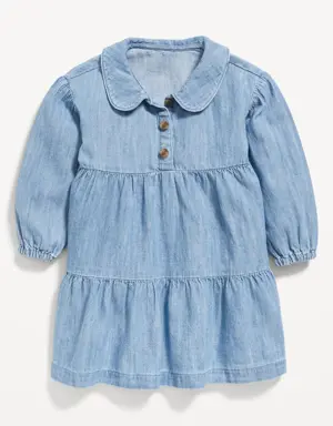 Long-Sleeve Chambray Collared Tiered Dress for Baby blue
