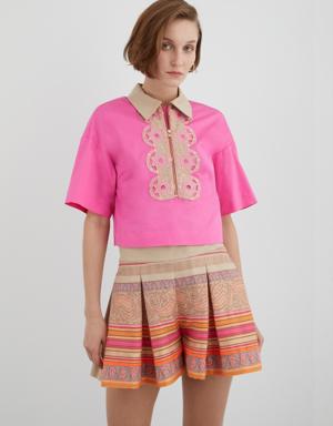Pink Cotton Shirt With Embroidery Detail Front Zipper