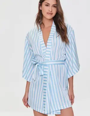 Forever 21 Striped Satin Robe Ivory/Sky Blue