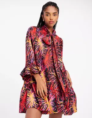 Winter Chrysanthemum Tie-neck Dress