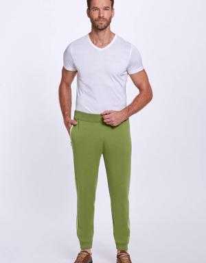 Şerit Detaylı Yeşil Merino Yün Triko Spor Pantolon