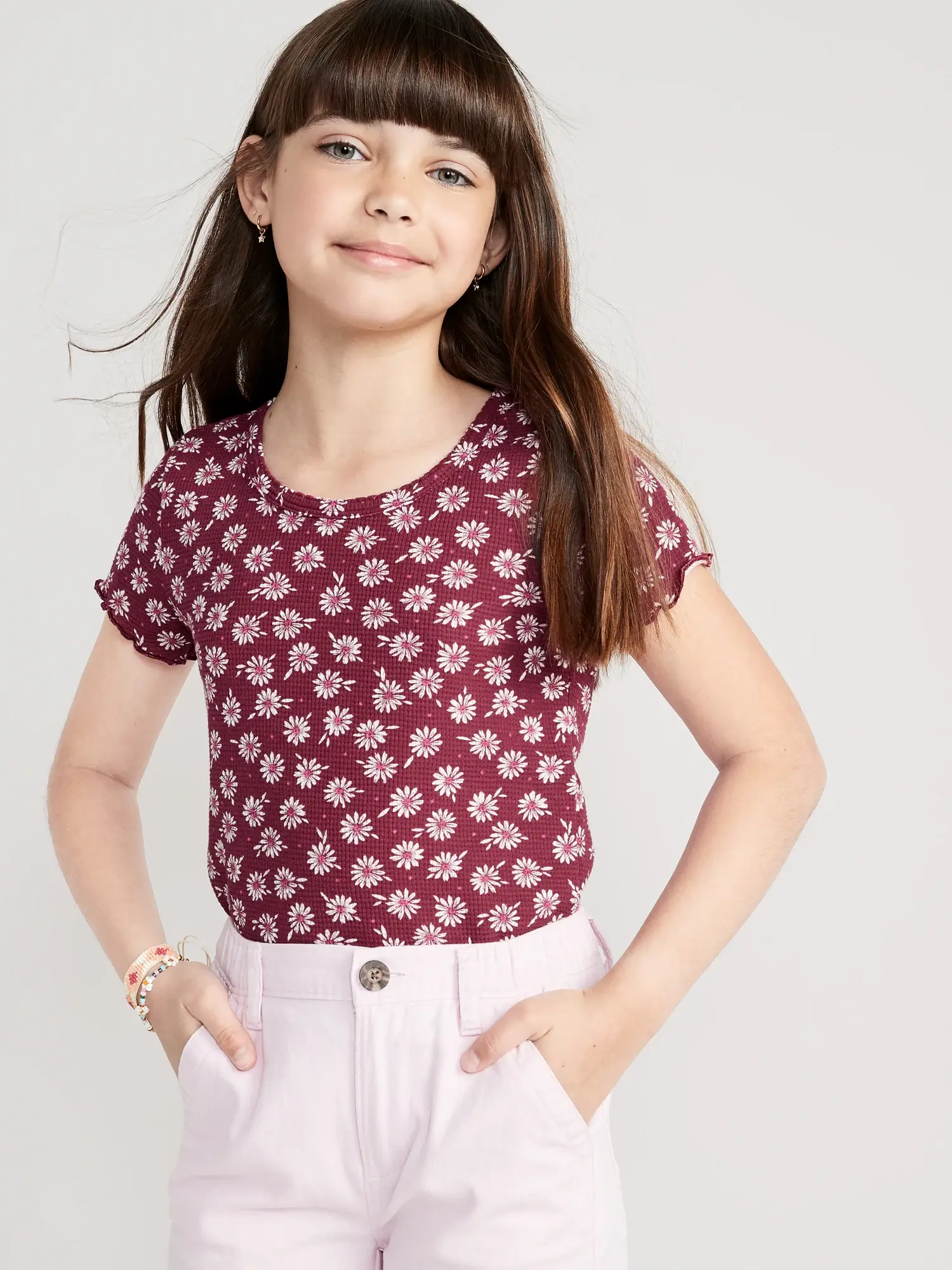 Old Navy Printed Rib-Knit Lettuce-Edge T-Shirt for Girls red. 1