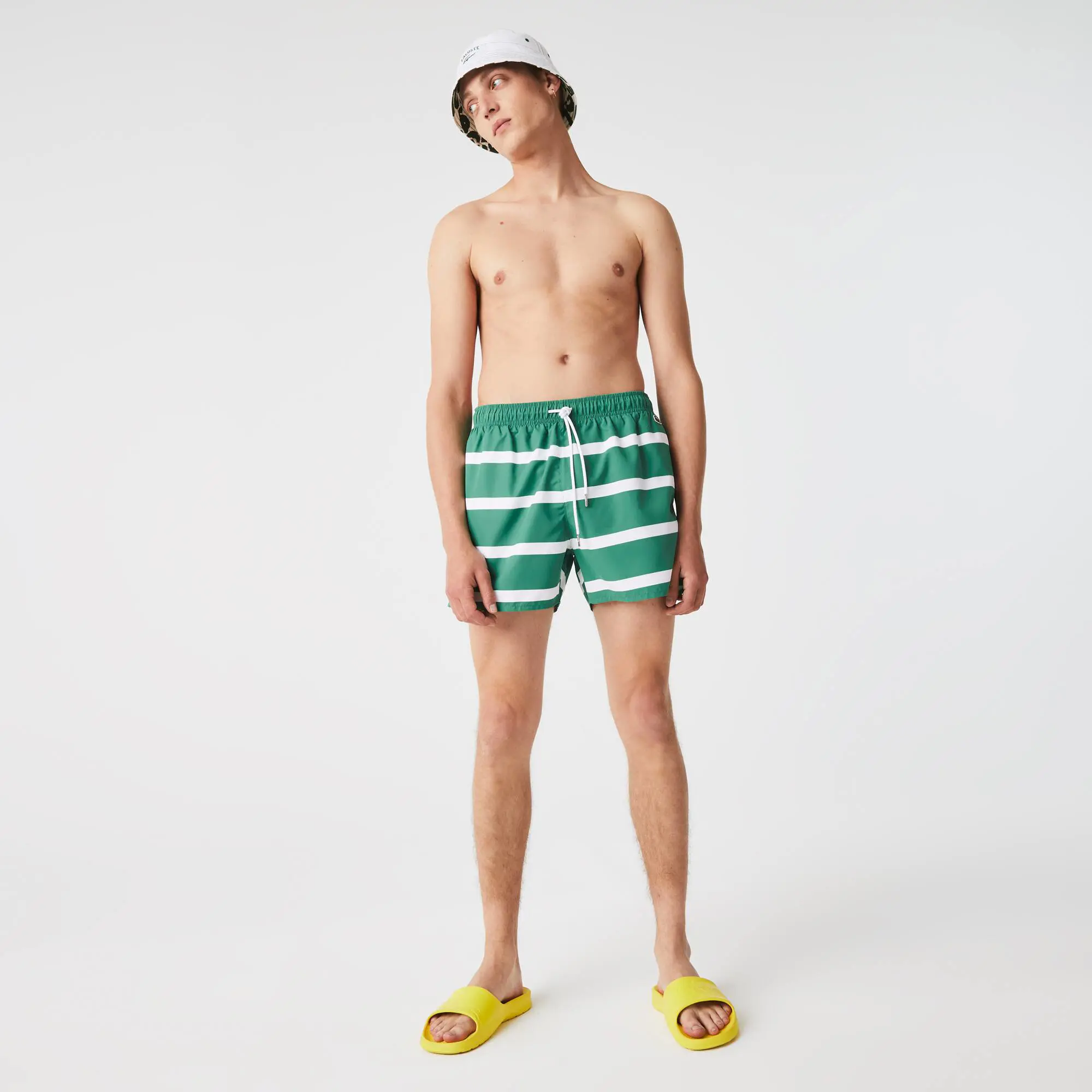 Lacoste Men's Striped And Embroidered Light Swimming Trunks. 1