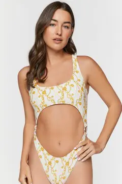 Forever 21 Forever 21 Chain Cutout One Piece Swimsuit White/Yellow. 2