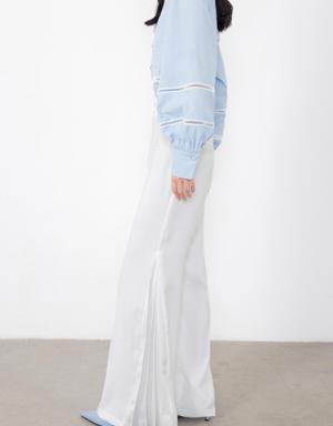 Ecru Trousers with Pleated Detailed Logo