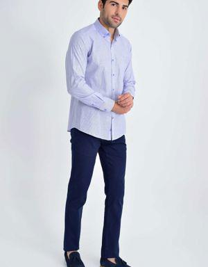 Mavi Slim Fit Çizgili 100% Pamuk Uzun Kol Gömlek