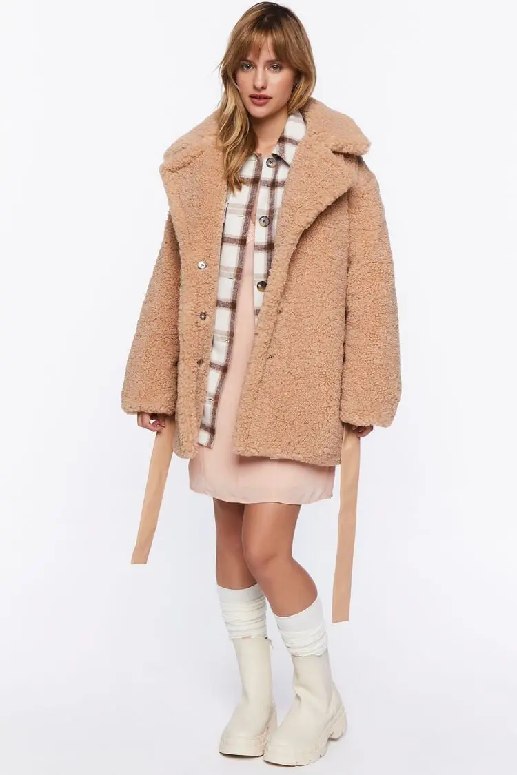 Forever 21 Forever 21 Faux Shearling Wrap Teddy Coat Tan. 1