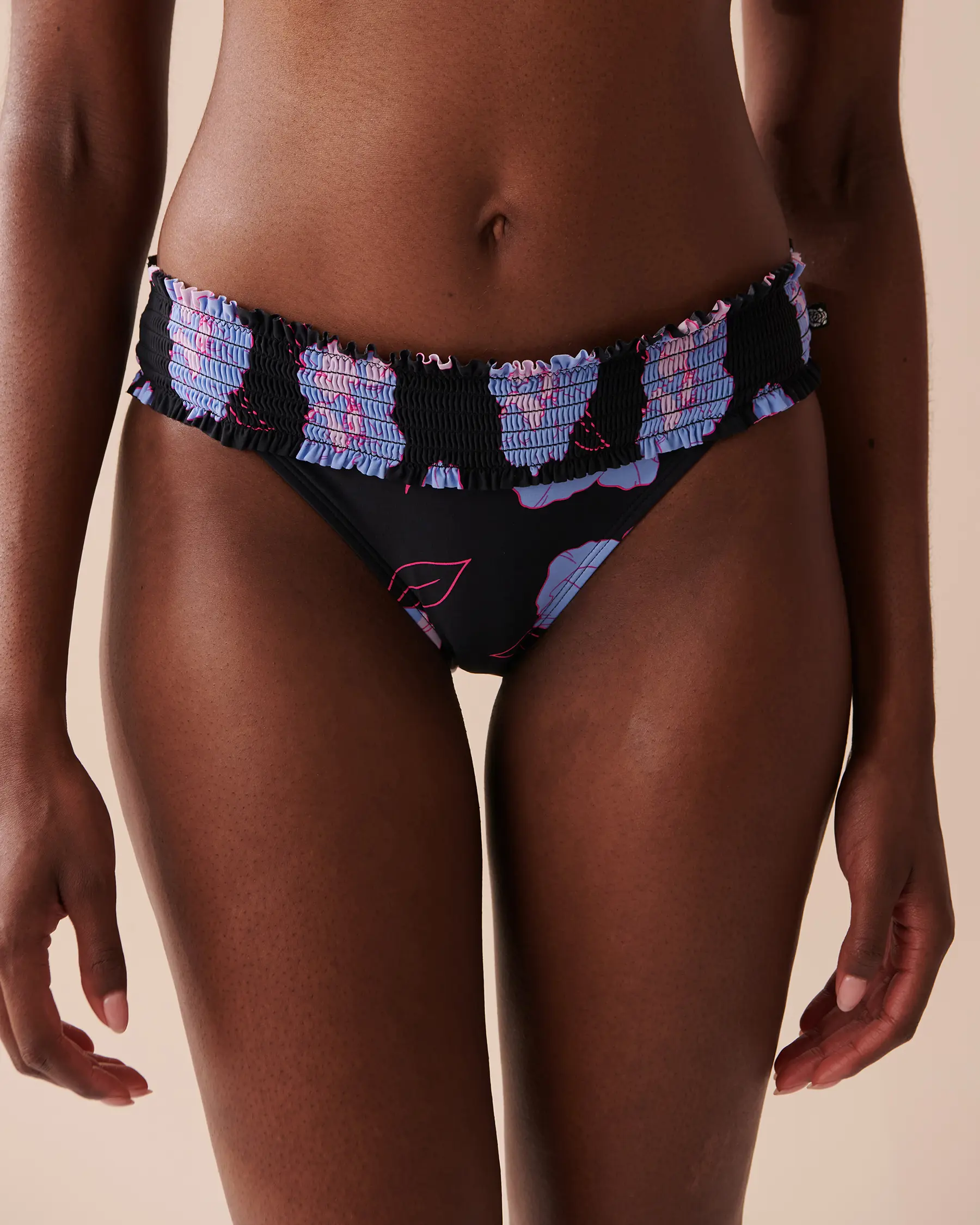 La Vie en Rose NEON FLOWERS Smocked Waistband Bikini Bottom. 1