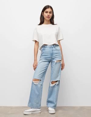 Decorative ripped wideleg jeans