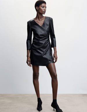 Leather-effect wrap dress