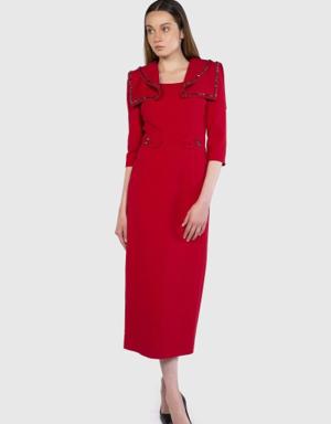 Embroidered And Navy Collar Detailed Red Dress