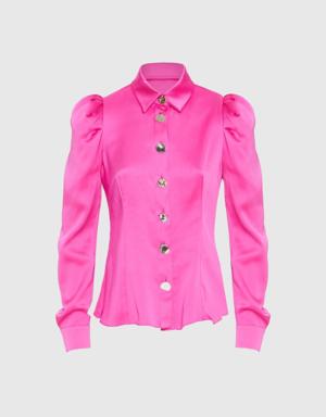Button Detailed Sleeve Pleated Pink Crepe Shirt