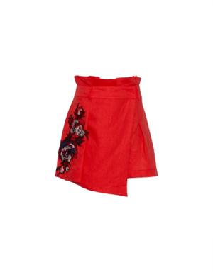 Embroidery Detailed Coral Linen Short Skirt