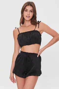 Forever 21 Forever 21 Satin Cropped Cami &amp; Shorts Pajama Set Black. 2