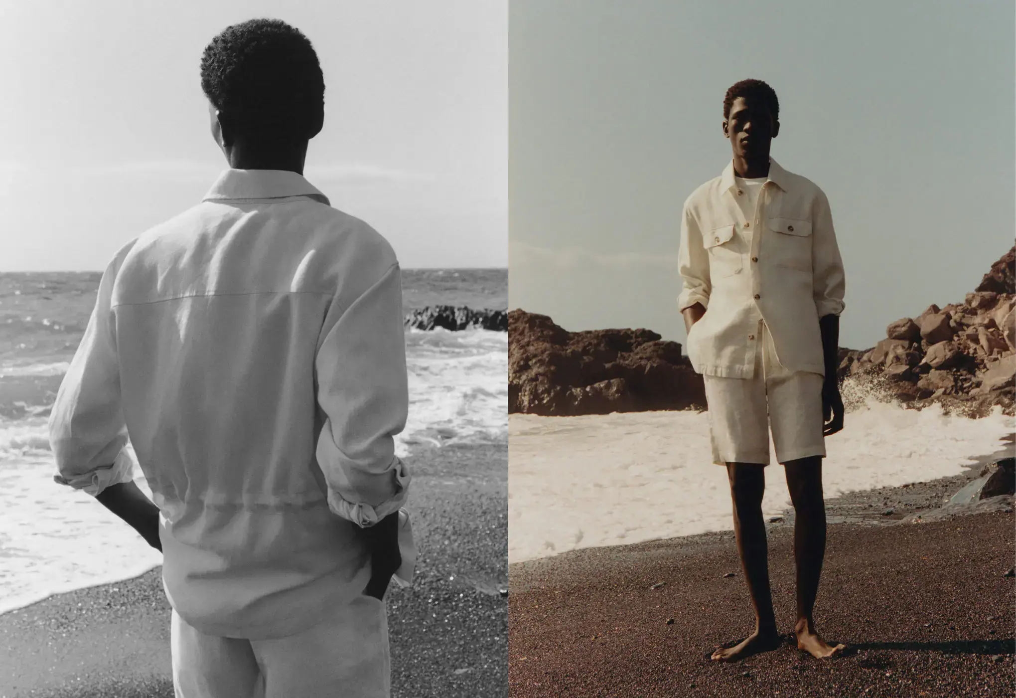 Mango 100% linen regular-fit overshirt. a man standing on a beach next to the ocean. 