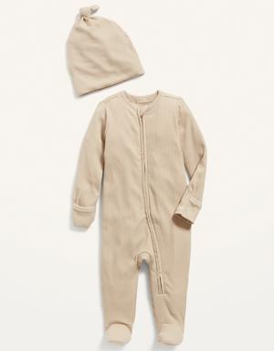 Footed Sleep & Play Rib-Knit One-Piece & Beanie Layette Set for Baby beige