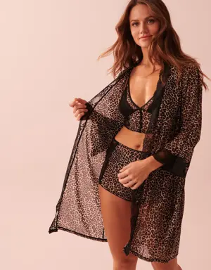 Leopard Print Lace Trim Mesh Kimono