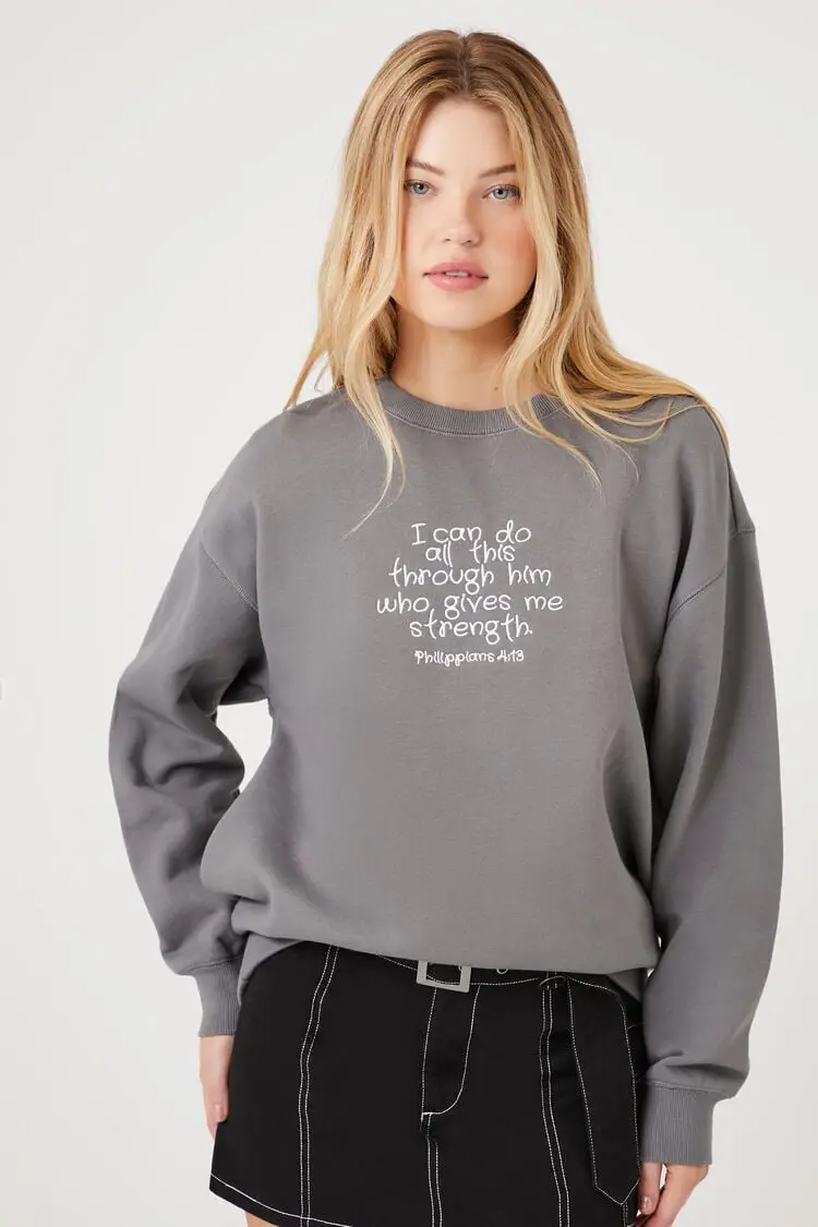 Forever 21 Forever 21 Philippians Embroidered Pullover Charcoal/White. 1