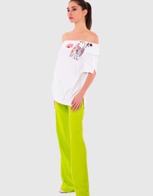 White Poplin Top with Boat Neck, Embroidery Appliqués