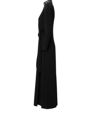 Embroidered Collar Detail, Side Slit, Flowy Black Crepe Dress