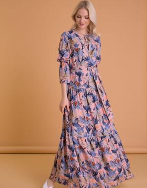 Tropical Pattern Mixed Color Long Blue Dress