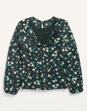 Long-Sleeve Ruffle Floral Top for Girls green