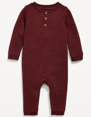 Unisex Long-Sleeve Sweater-Knit Henley One-Piece for Baby red