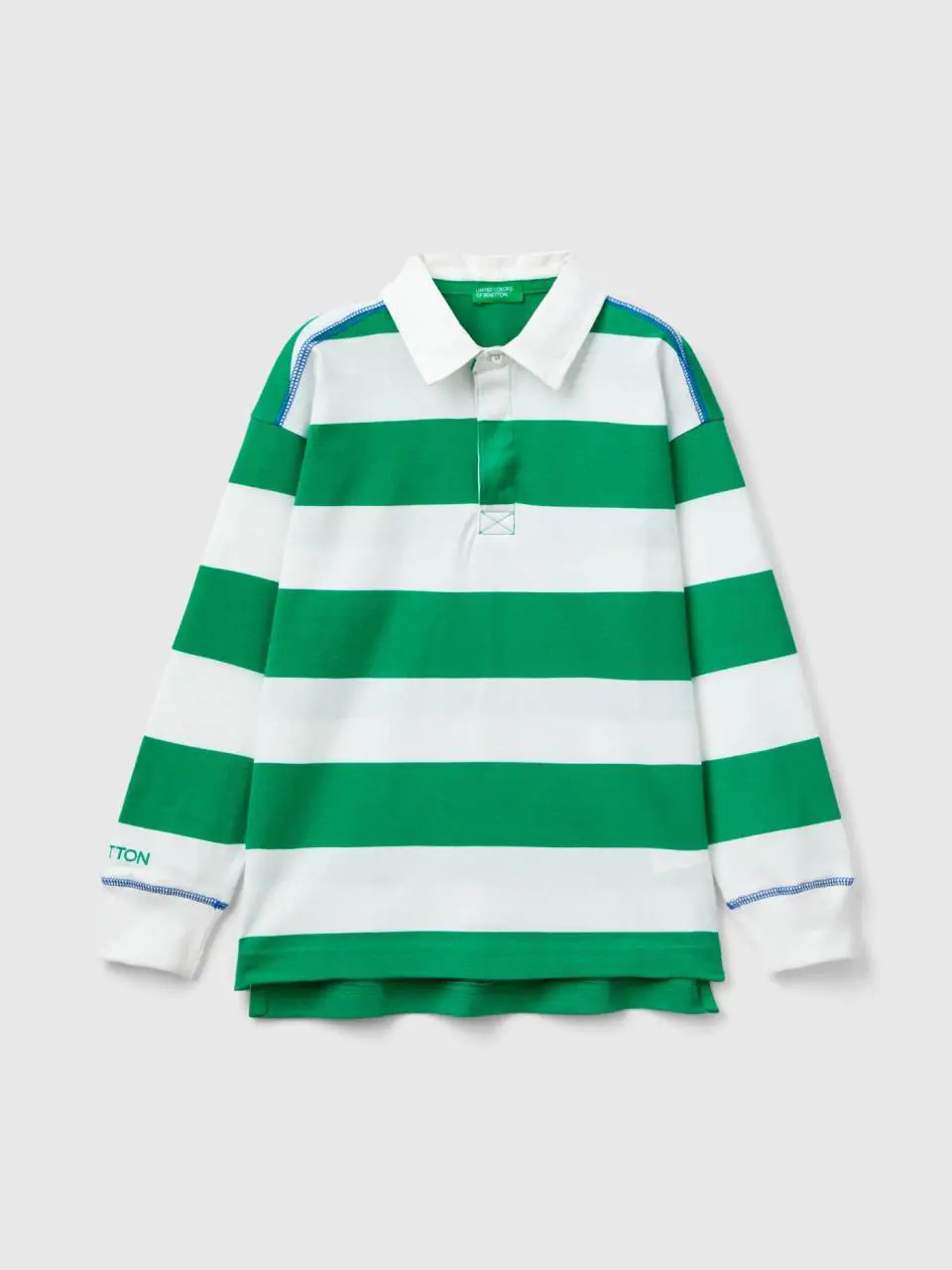 Benetton rugby polo with green and white stripes. 1