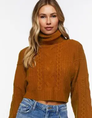 Forever 21 Cropped Cable Knit Turtleneck Sweater Brown