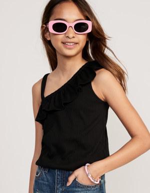 Ruffled Puckered-Jacquard Knit One-Shoulder Top for Girls black