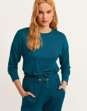 Mavi Bel Detaylı Sıfır Yaka Sweatshirt