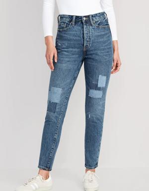 Higher High-Waisted Button-Fly OG Straight Patchwork Non-Stretch Jeans for Women blue