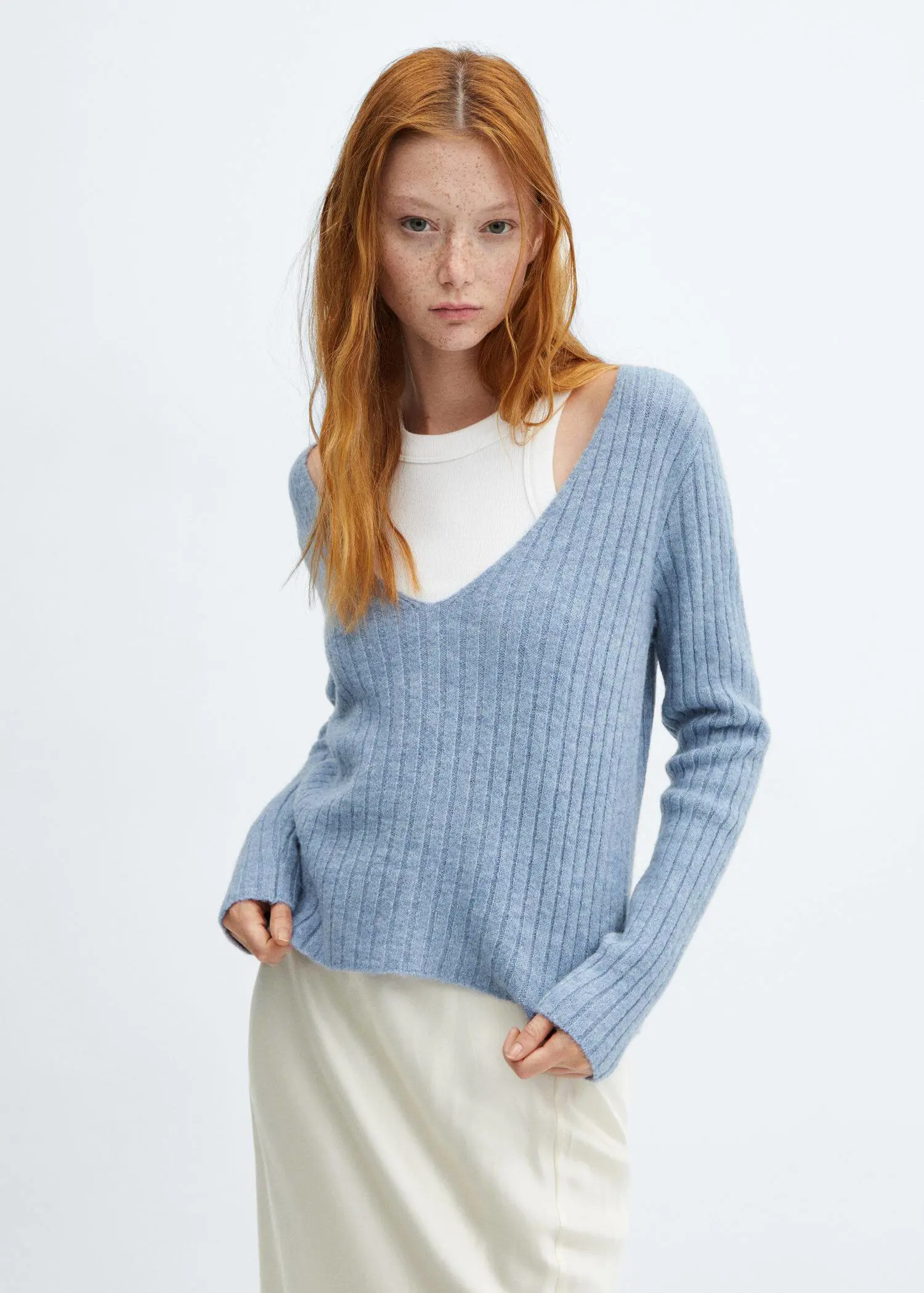 Mango V-neck ribbed knit sweater. 1