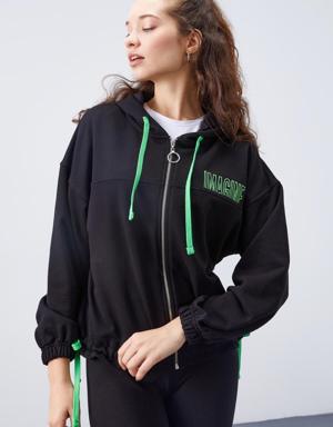 Siyah Kapüşonlu Renkli Bağcıklı Fermuarlı Kadın Oversize Sweatshirt - 97176