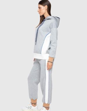 Knitwear Tape Detailed Hooded Gray Sweatshirt