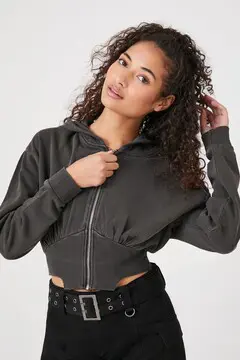 Forever 21 Forever 21 Cropped Zip Up Hoodie Charcoal. 2