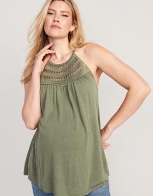 Old Navy Maternity High-Neck Crochet-Trim Linen-Blend Top brown