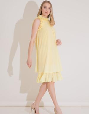 Bow Detailed Embroidered Frilly Chiffon Midi Length Yellow Dress