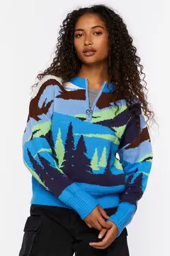 Forever 21 Forever 21 Intarsia Landscape Half Zip Sweater Blue/Multi. 2