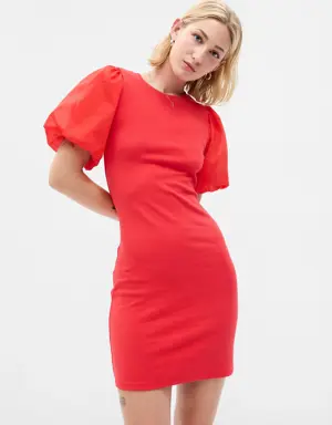 Puff Sleeve Mixed Media Mini Dress red